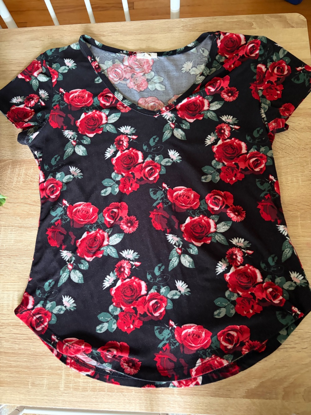 Ardene Black Short Sleeve Tee with Red Rose Floral Print